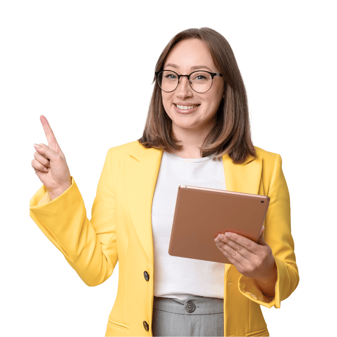 Smiling professional pointing up
