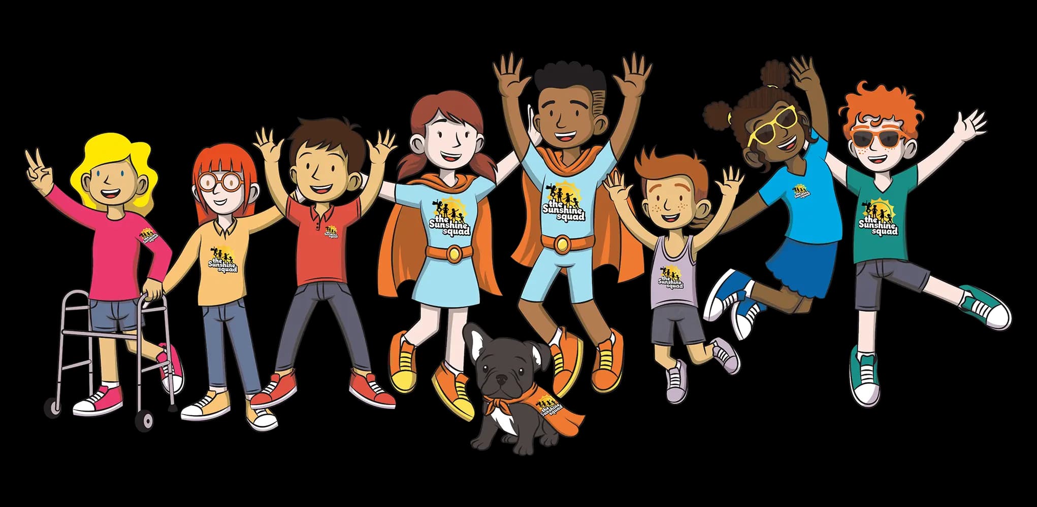 The Sunshine Squad group illustration with characters and dog